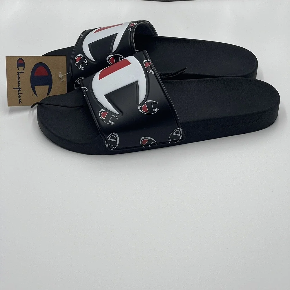 Champion IPO Repeat C Mens Black White Red Logo Slide Sandals CP101605M‎ Size 12